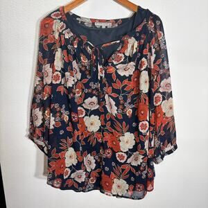 Daniel Rainn Floral Blouse 2X Navy Orange Boho Sheer Lined Tie Neck Top